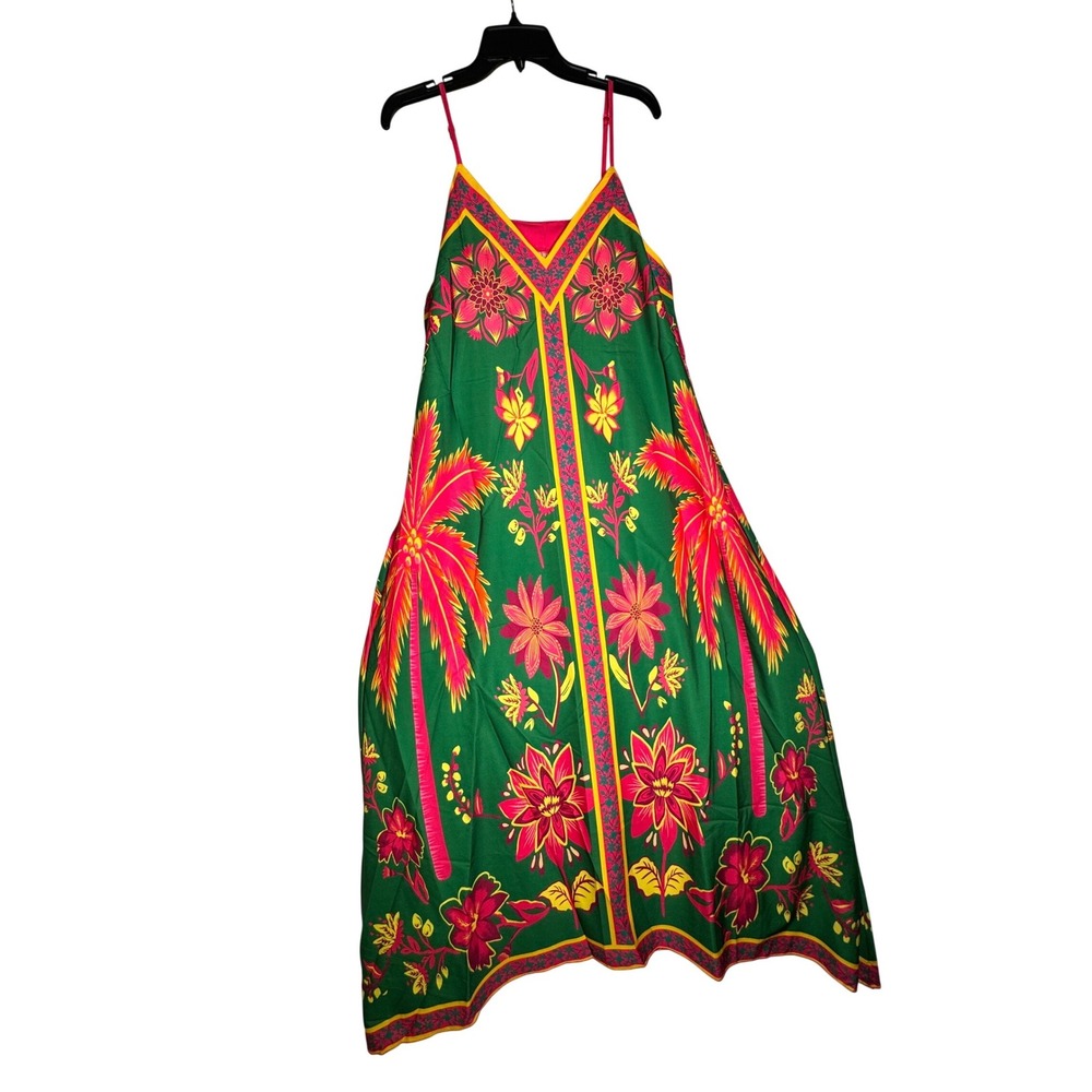 Tropical Green Pink Floral Palm Print Maxi Dress Handkerchief Hem Large - Picture 5 of 10
